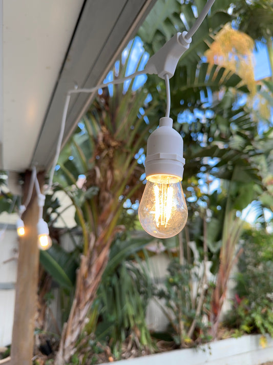 white festoon lights outdoor patio garden weatherproof LED